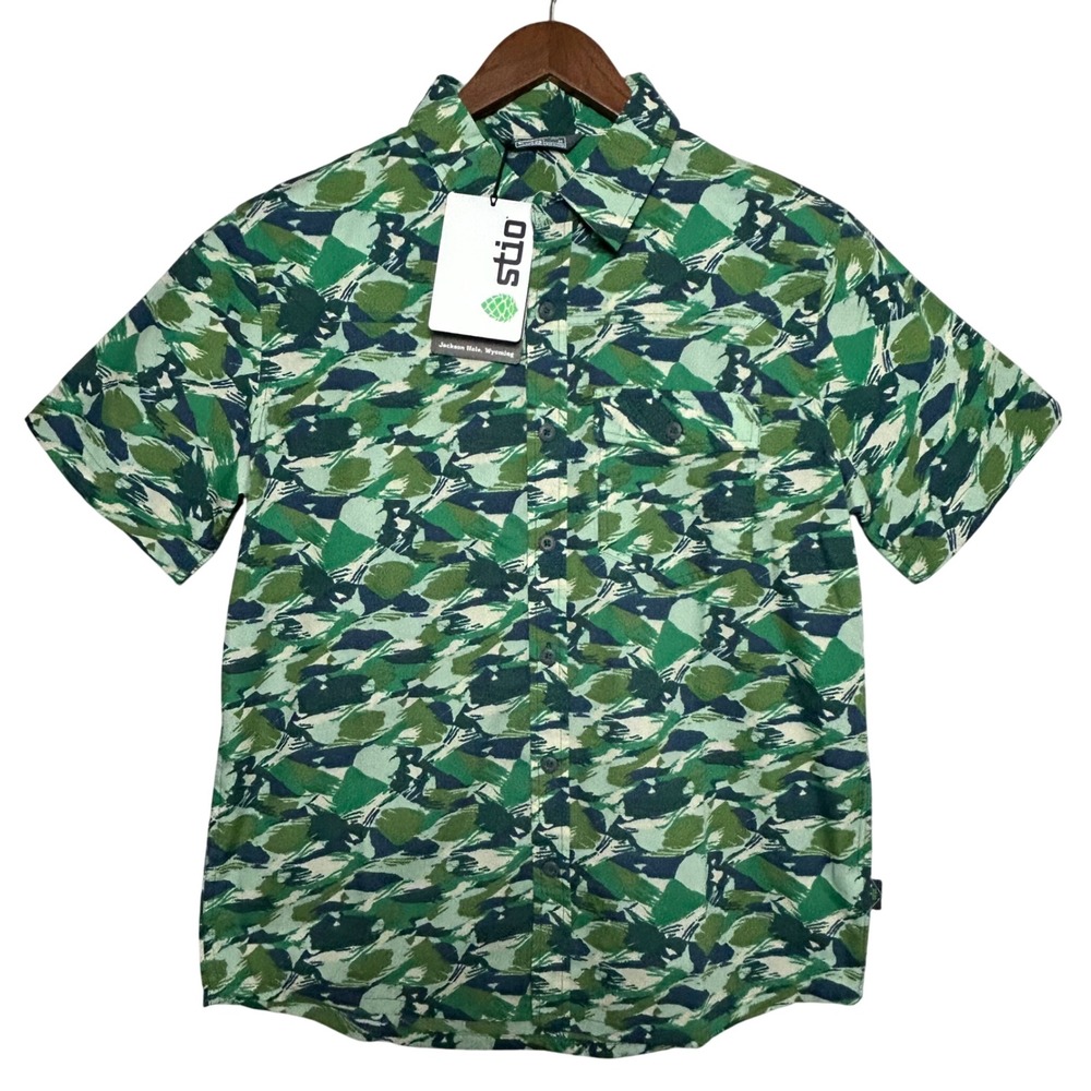 Stio Curtis Camp Shirt‎ Green Lakeside Pine Brushstroke Camo Short Sleeve Mens M
